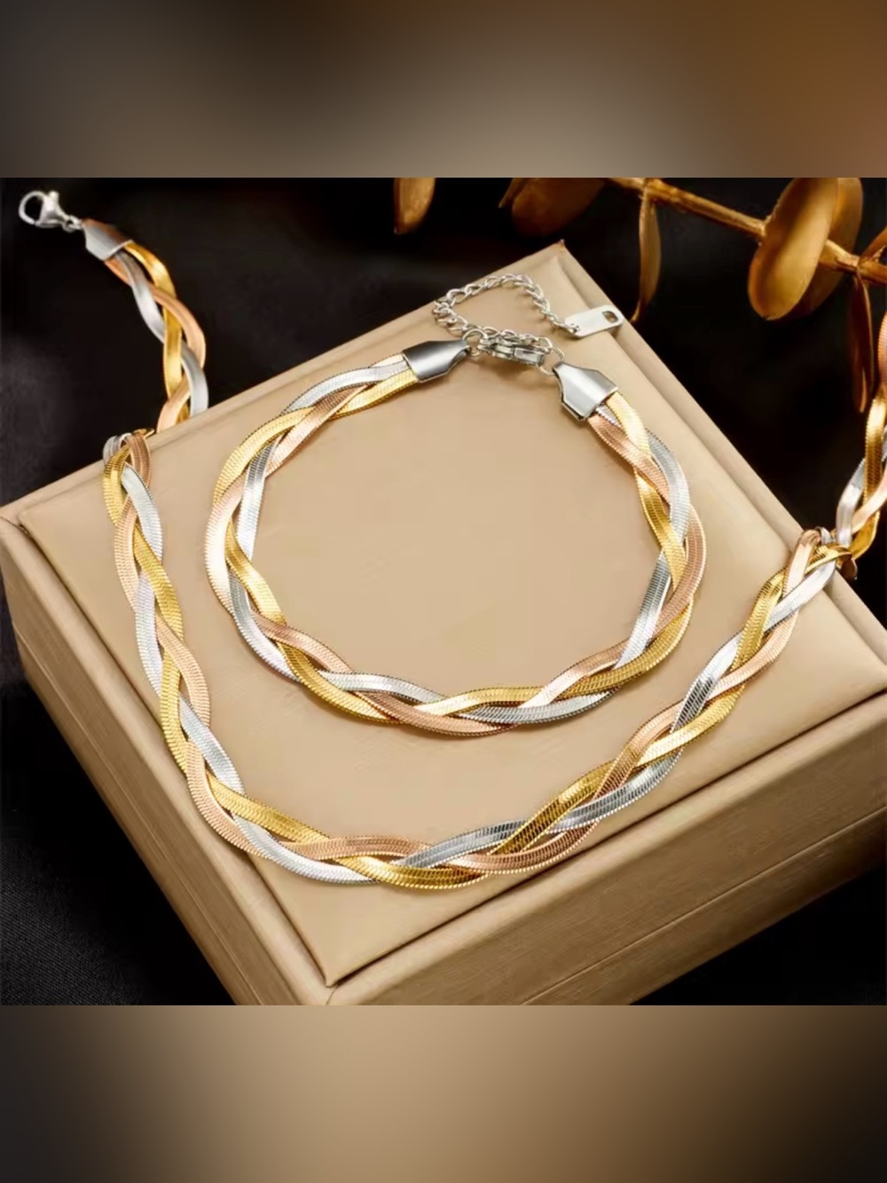 Tri Color Braided Snake Chain Necklace Bracelet Set Stainless Steel Statement